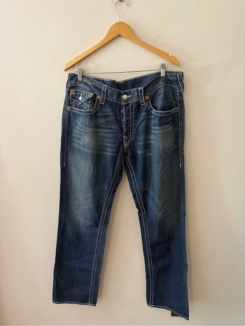 Y2K vintage True Religion Men's Dark Blue Jeans with crystal rhinestone design